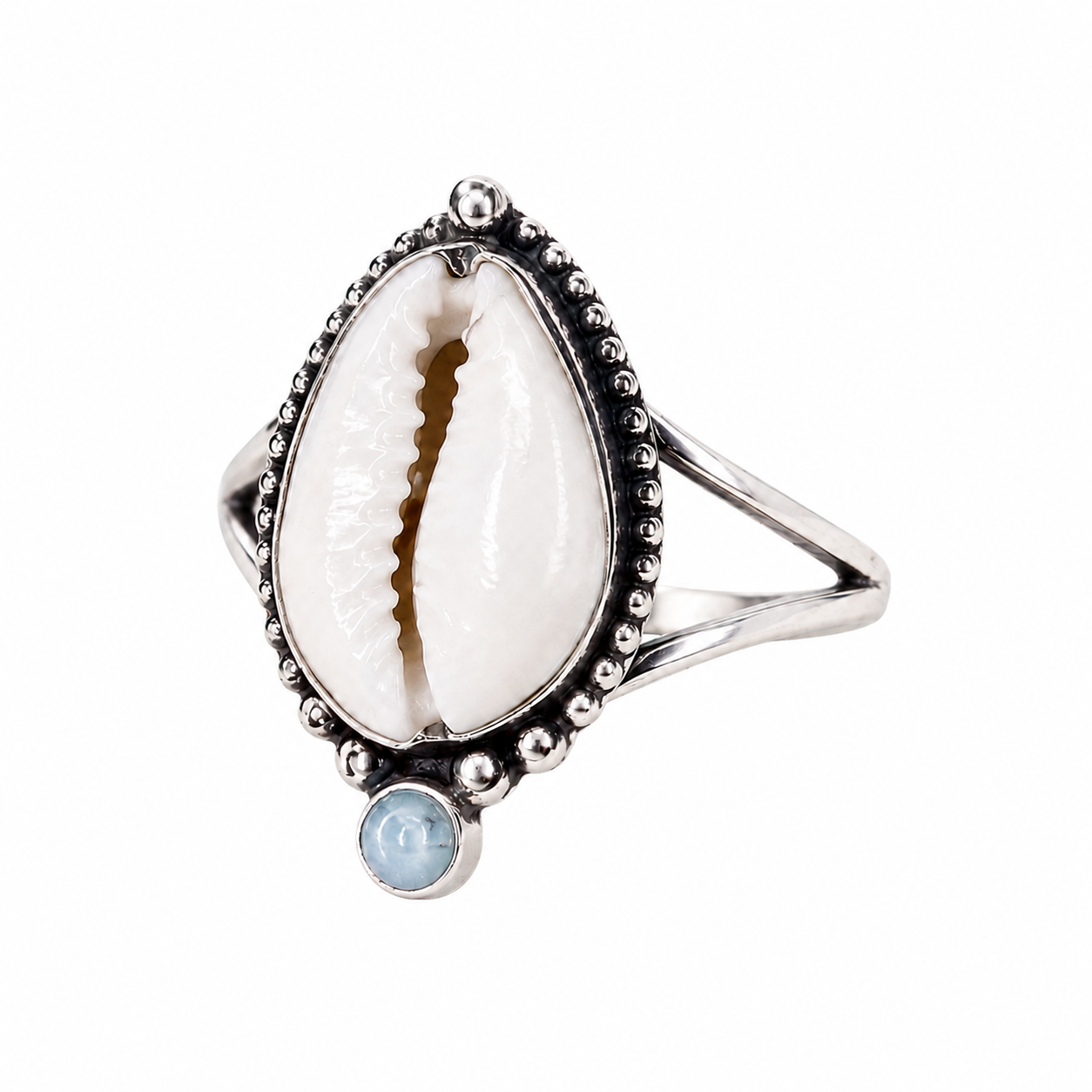 Cowrie Shell & Larimar Ring